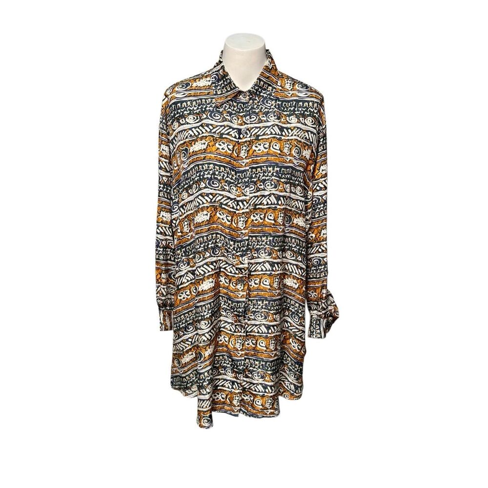 Via Max vintage burnt orange and blue print 3/4 sleeve button down long length s